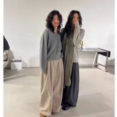 to休闲纯色褶皱阔腿长裤 秒发 子 女26冬韩国am 慵懒抓绒工装 裤