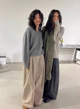 秒发！慵懒抓绒工装裤女25冬韩国am*me*to休闲纯色褶皱阔腿长裤子