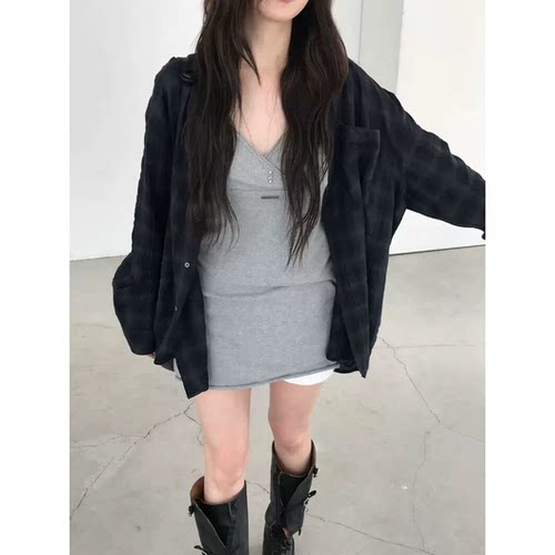 秒发！时髦精两件套26春夏新款韩国针织吊带裙/翻领格纹长袖衬衫