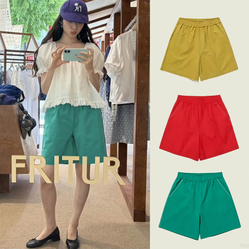 夏日多巴胺纯色休闲短裤韩国26新款fritur刺绣松紧腰显瘦阔腿裤女