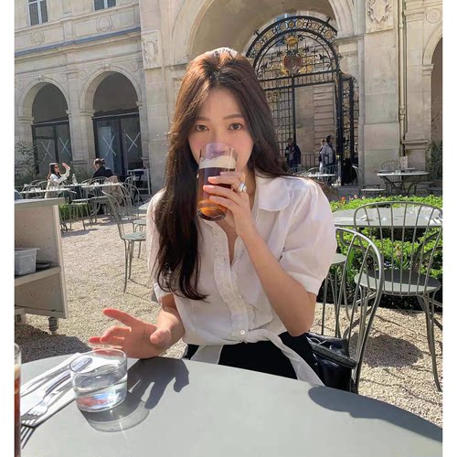 tannat甜美木耳边衬衫韩国26夏季新款下摆绑带设计纯色翻领上衣女