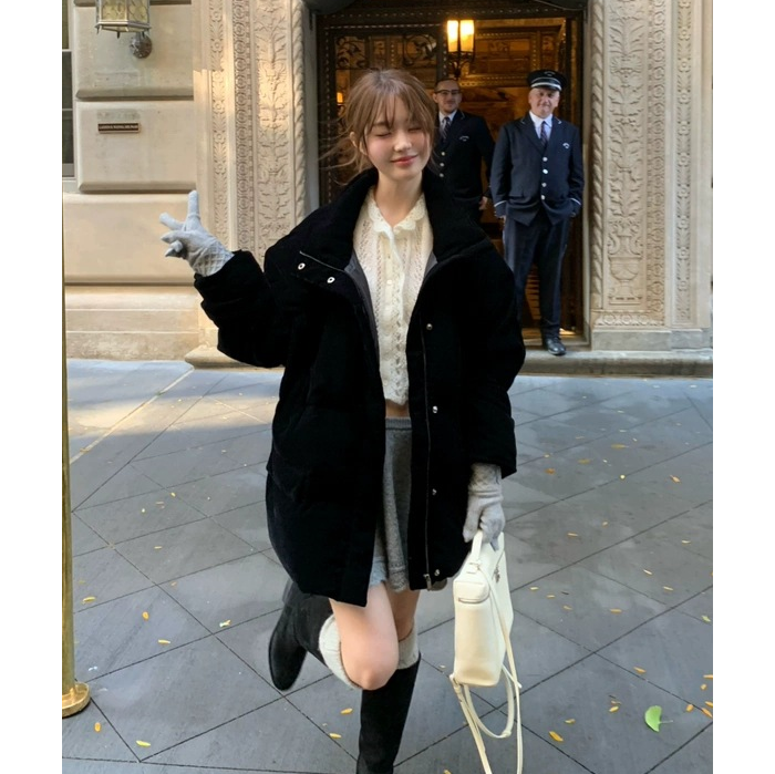 陆续！韩国设计师25冬季新款宽松休闲中长款鹅绒丝绒羽绒服外套女