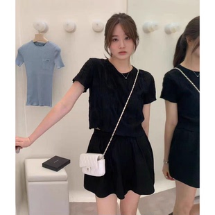秒发!OUNCE褶皱木耳边短袖T恤韩国26夏季新款气质显瘦圆领上衣女