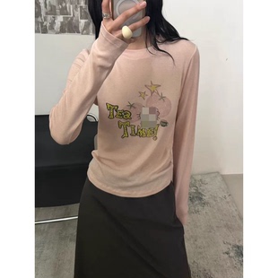 显瘦猫咪字母印花长袖 韩国修身 T恤上衣女 新款 减龄设计感2026春季