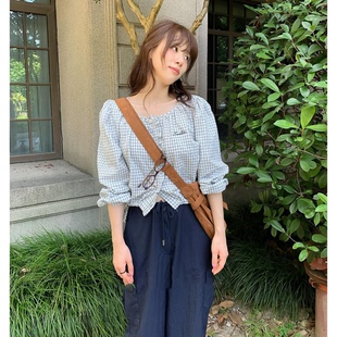 现货!法式甜美绑带小格子衬衫26春季新品韩国刺绣字母长袖上衣女