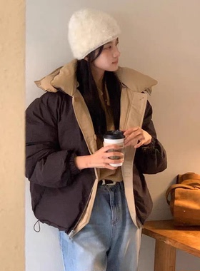 秒发！韩国设计师2025冬OBJET两面穿宽松连帽拉链鹅绒羽绒服外套