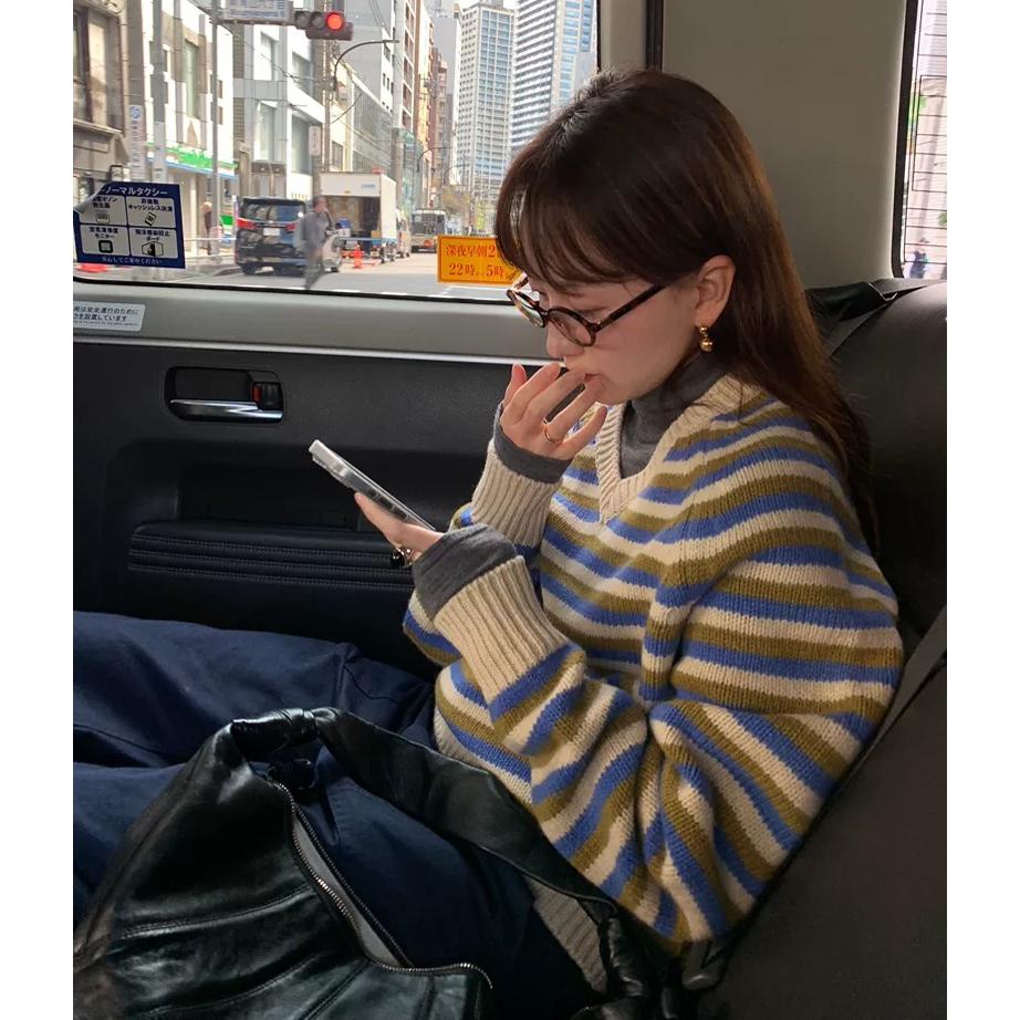 秒发！韩国2025秋季le*obe美娜家V领套头撞色条纹羊毛针织毛衣女