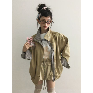 CHA 韩国by TER格纹拉链松紧下摆假两件外套女 两面穿春新品 现货