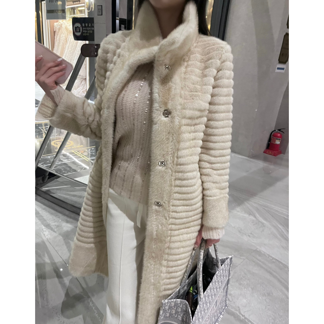 韩国东大门代购秋冬环保人造水貂绒开衫大衣长款外套