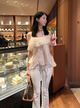 【韩国代购】雪纺蕾丝吊带飘带套装低腰牛仔裤喇叭