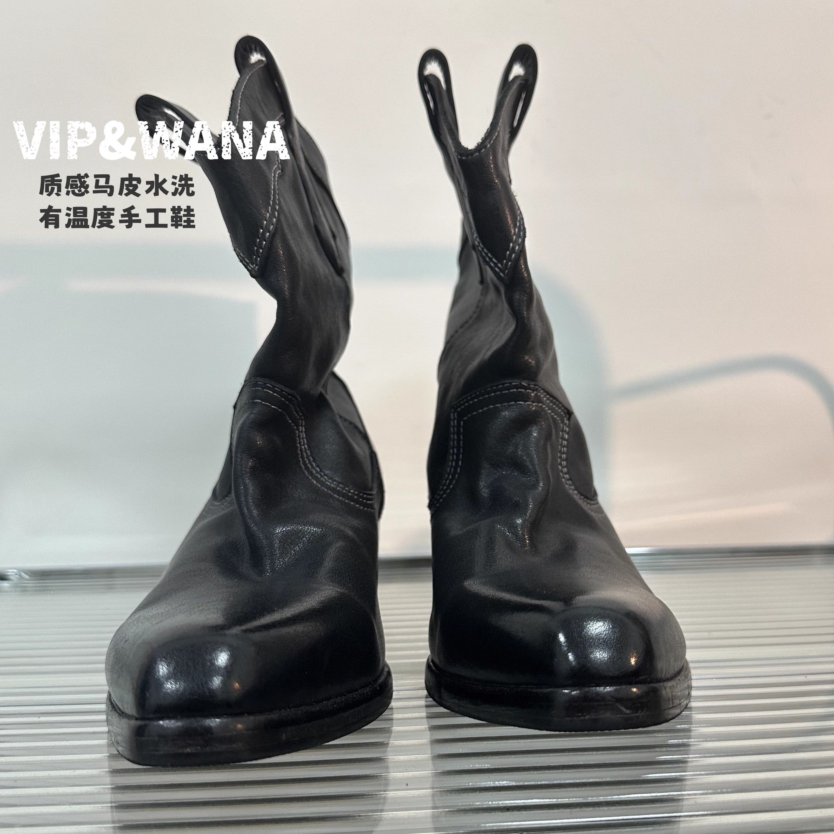 维普瓦纳2025新款秋冬水洗复古马皮鞋女平底系带西部牛仔靴真皮靴