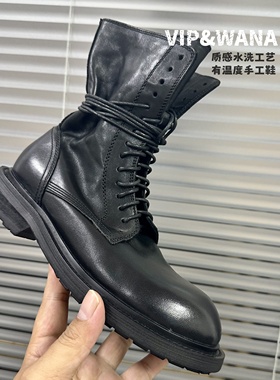 意大利工艺复古真皮女短靴2025新款秋冬水洗马皮短靴马丁靴骑士靴