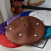 秋冬新款 水钻原创手工羊毛呢大码 复古文艺贝雷帽画家帽大头围女帽