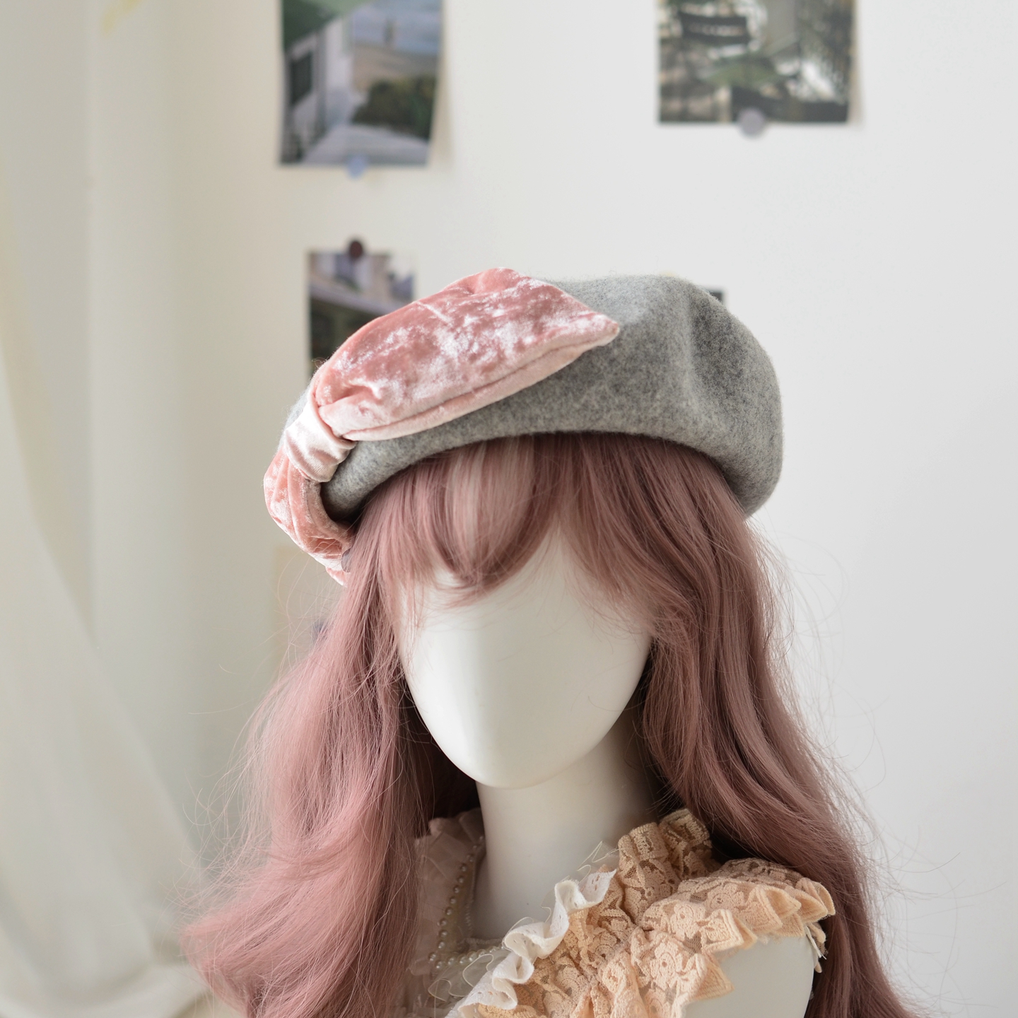 冬天保暖羊毛呢子丝绒蝴蝶结立体贝雷南瓜帽子大码女复古文艺撞色