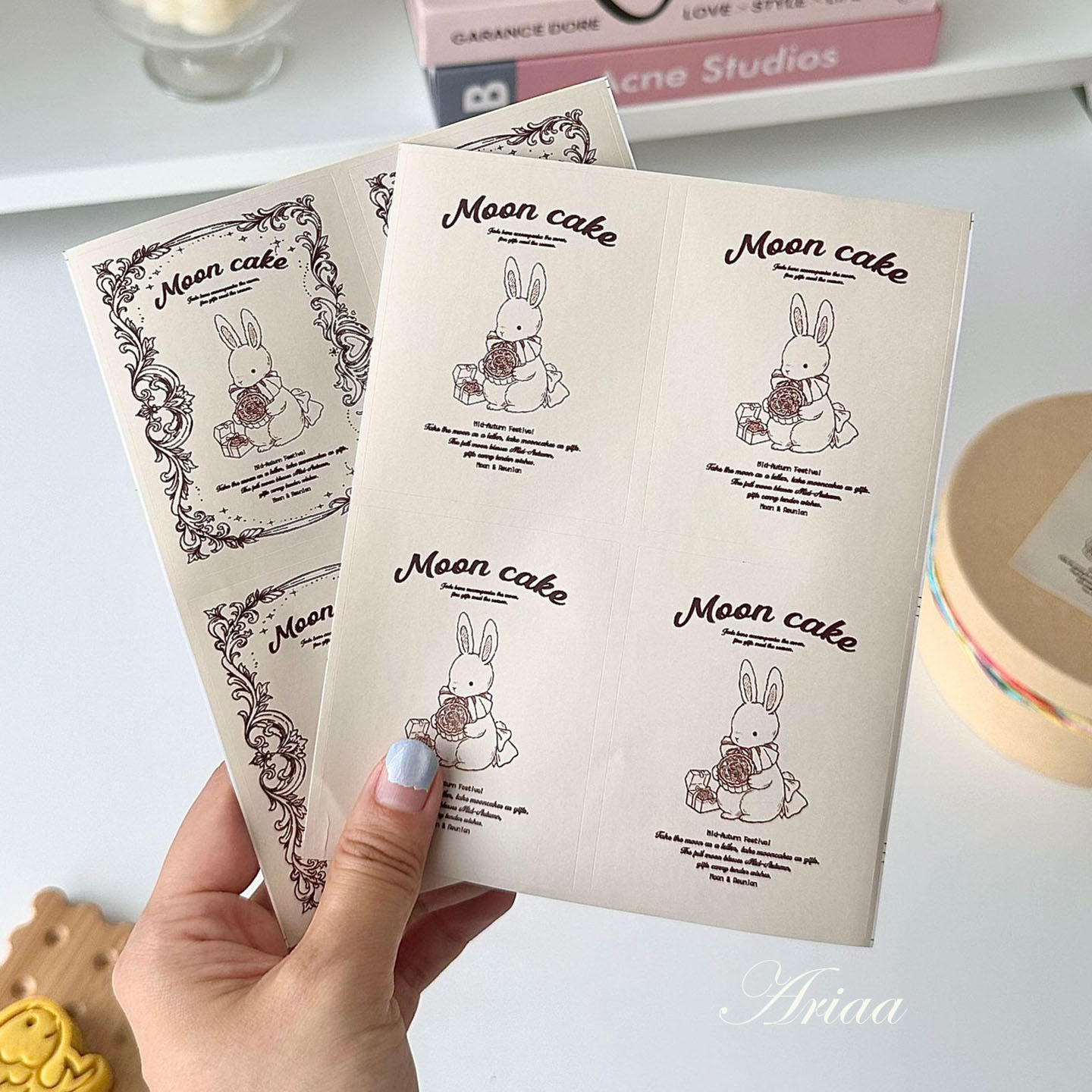 Ariaa 中秋手绘兔子月饼贴纸 ins流心蛋黄酥礼盒烘焙包装装饰贴纸