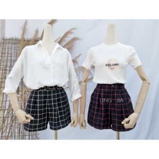 聆家 0.180kg两件 清仓 格纹休闲松紧阔腿短裤 包邮 简约百搭经典