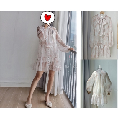 蝴蝶结聚酯纤维印花甜美褶皱宽松