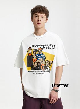 LEBT/高品265G重磅露营小熊印花T恤2025春夏新品美式宽松休闲短袖