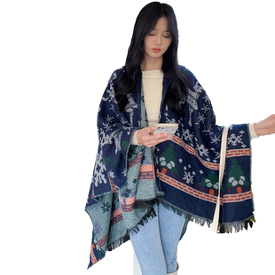 秋微时尚秋冬女新款围巾女格子披风带帽子外套氛围感圣诞披肩上衣