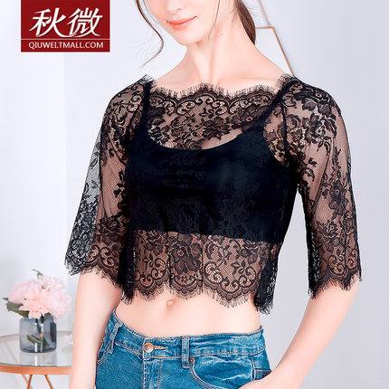 秋微新款性感一字领五分袖蕾丝衫透视打底上衣女露脐显瘦洋气小衫