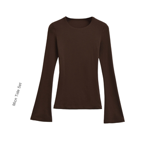 喇叭袖 T恤女收腰显瘦修身 圆领压褶肌理感长袖 上衣 MICN基础款