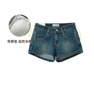美式复古蓝色修身显瘦自带丰胯垫牛仔短裤女夏季百搭A字裤热裤子