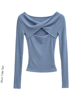 MianCun蓝色恋歌纽结交叉性感镂空长袖T恤女春季新款修身针织上衣