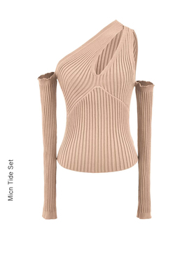 MICN纯欲性感交叉斜肩镂空针织衫女修身显瘦短款收腰长袖内搭上衣