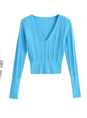 纯欲蓝色v领长袖针织外套女秋季修身显瘦打底衫百搭短款开衫上衣