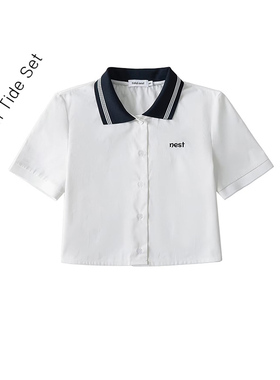 张元英秀场热度款白色甜美学院风短袖拼接衬衫抽绳半裙女显瘦套装