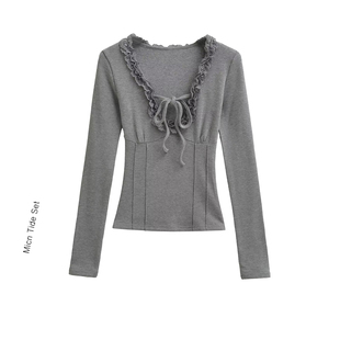 BM MICN甜欲交织磨毛内搭长袖t恤女收腰蕾丝花边设计打底衫上衣