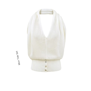 bella街拍V领纽扣下摆背心莱赛尔亚麻针织挂脖上衣露背吊带女夏