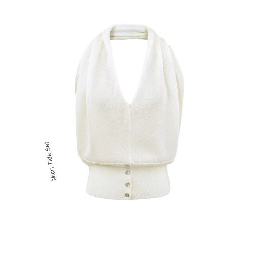 天丝亚麻V领挂脖收腰显瘦背心