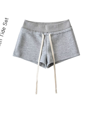 美式辣妹风休闲运动松紧抽绳短裤女夏季外穿百搭修身灰色裤子热裤