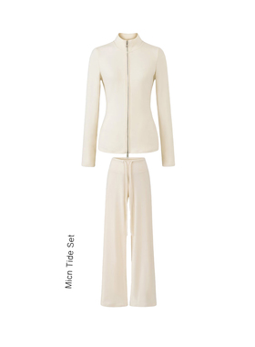 暖姜绒小蛮腰休闲套装女秋冬新款垂坠感半高领拉链外套直筒长裤