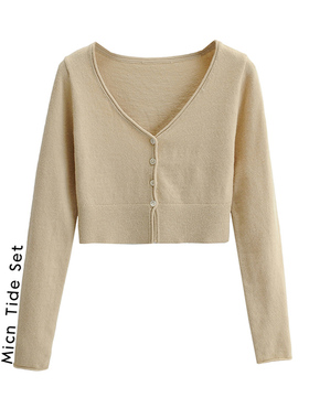 Micn~早春短款健身衣女长袖针织开衫修身弹力紧身衣V领短款小上衣