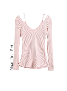 BM MICN~裴秀智同款粉色V领针织衫露肩假两件纯欲风修身打底上衣