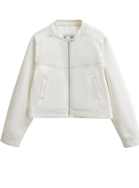 美式白色立领明线棒球服外套女秋季小个子设计感小众短款夹克上衣