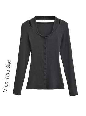 MICN纯欲风独特挂脖假两件套开衫打底衫甜辣妹内搭长袖T恤上衣