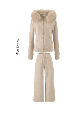 慵懒风毛领连帽卫衣外套卫裤运动套装女冬季巨好看韩系一整套穿搭