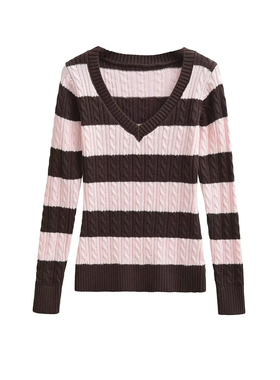 BM MICN宽条纹美学V领保暖毛衣女春季收腰修身显瘦好看内搭针织衫