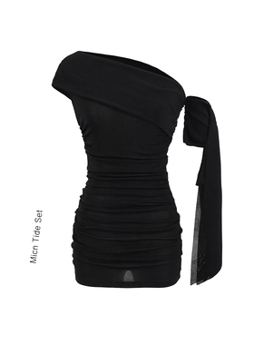 BM MICN一字肩斜肩连衣裙女夏新款高级感黑色背心无袖包臀裙短裙