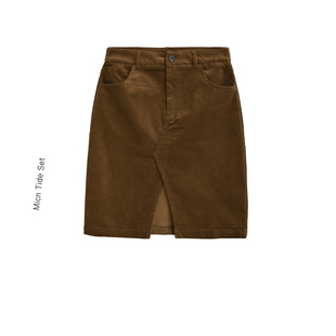 a字修身 新款 显瘦复古裙子 MICN前开衩灯芯绒中长半身裙女秋季