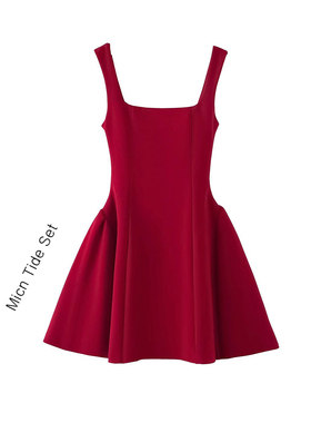 法式褶皱收腰红色U领吊带连衣裙女2025新款小众高级感a摆短裙子