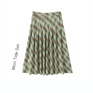 新派学院风复古低腰格纹百褶裙女千禧辣妹休闲斜向剪裁半身中长裙