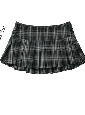 美式复古格纹西装面料半身裙女百搭甜酷性感辣妹低腰百褶超短裙