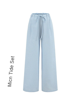 美式复古蓝色格纹阔腿休闲裤女夏季新款低腰宽松垂感慵懒拖地裤子