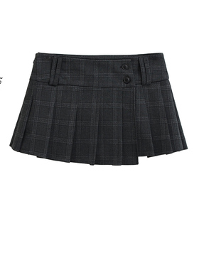 BM MICN美式复古格子工字半身裙女不规则纽扣格纹百褶超短裙子