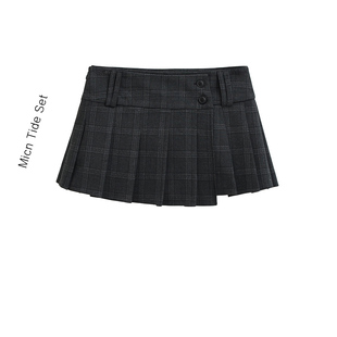 复古格子工字半身裙女不规则纽扣格纹百褶超短裙子 MICN美式