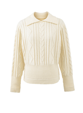 韩系翻领重工麻花毛衣女冬季设计感白色修身收腰针织打底内搭上衣